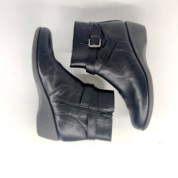 Sz 9 The Flexx Black Leather Buckle Zip Up Felt Lined Wedge Ankle Boot Bootie - Picture 7 of 15